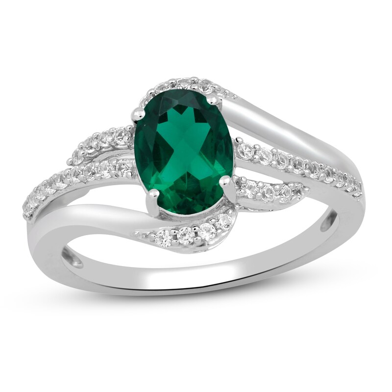 Lab-Created Emerald & White Lab-Created Sapphire Ring Sterling Silver