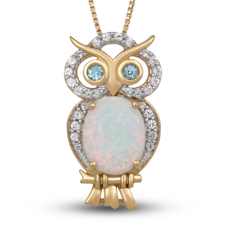 Main Image 1 of Lab-Created Opal/White Lab-Created Sapphire/Swiss Blue Topaz Owl Necklace Sterling Silver/18K Gold Plated 18"