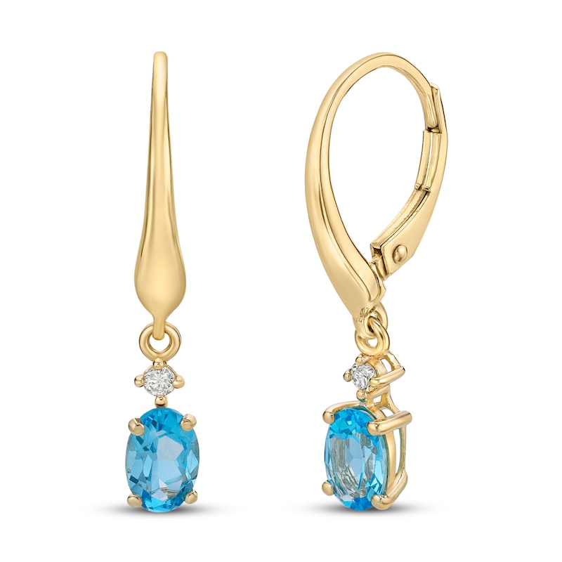 Main Image 1 of Swiss Blue Topaz & Diamond Drop Earrings 1/20 ct tw Oval/Round-Cut 10K Yellow Gold