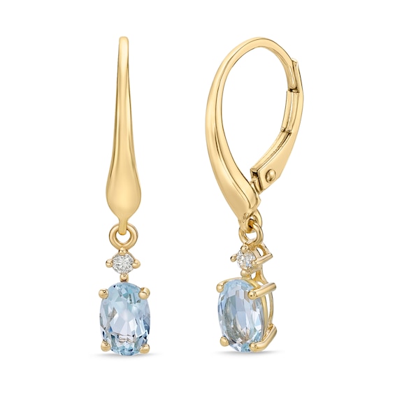 Aquamarine & Diamond Drop Earrings 1/20 ct tw Oval/Round-Cut 10K Yellow Gold