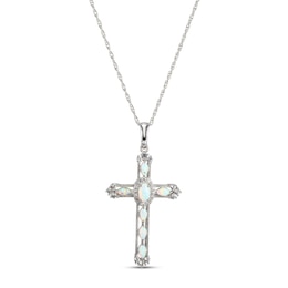 Lab-Created Opal & White Lab-Created Sapphire Cross Necklace Sterling Silver 18"