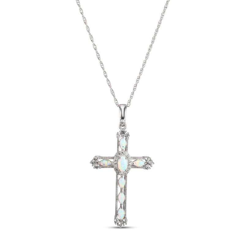 Main Image 1 of Lab-Created Opal & White Lab-Created Sapphire Cross Necklace Sterling Silver 18"