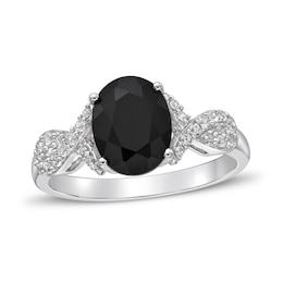 Black Onyx & White Lab-Created Sapphire Ring Oval/Round-Cut Sterling Silver