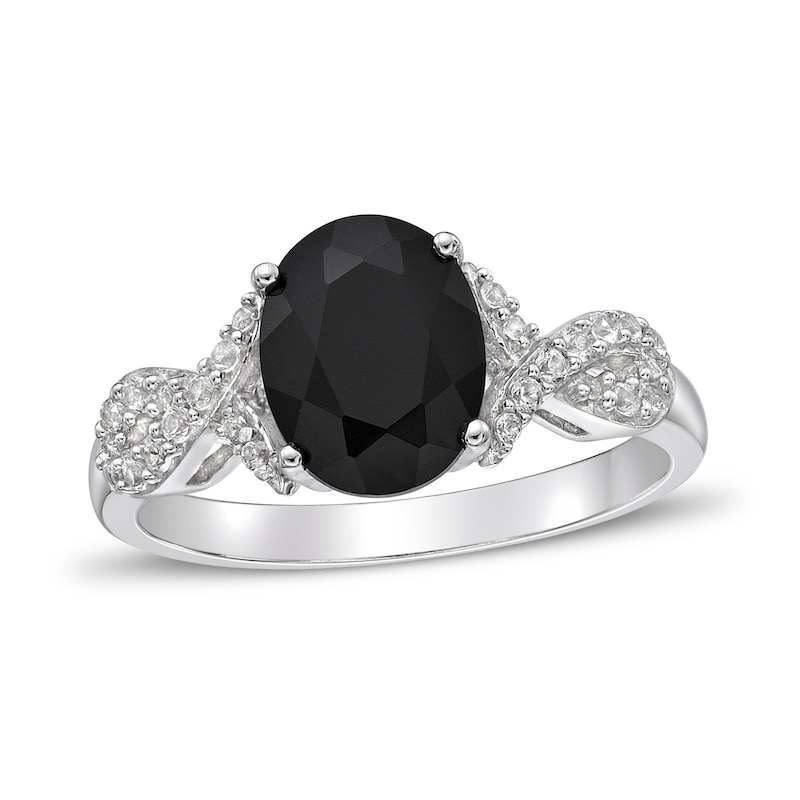Main Image 1 of Black Onyx & White Lab-Created Sapphire Ring Oval/Round-Cut Sterling Silver