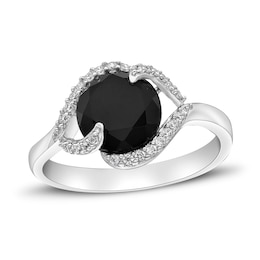 Black Onyx & White Lab-Created Sapphire Ring Round-Cut 10K Sterling Silver
