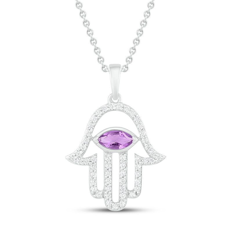 Main Image 1 of Amethyst & White Lab-Created Sapphire Hamsa Necklace Marquise/Round-Cut Sterling Silver 18"
