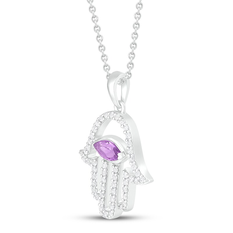 Main Image 2 of Amethyst & White Lab-Created Sapphire Hamsa Necklace Marquise/Round-Cut Sterling Silver 18"