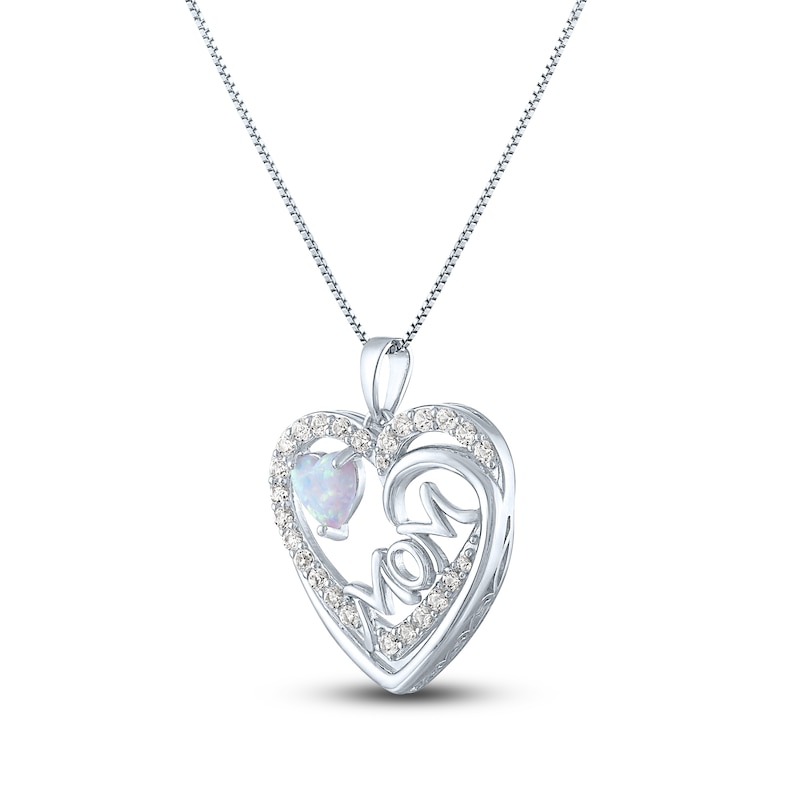 Main Image 1 of Lab-Created Opal & White Lab-Created Sapphire Mom/Heart Necklace Sterling Silver 18"