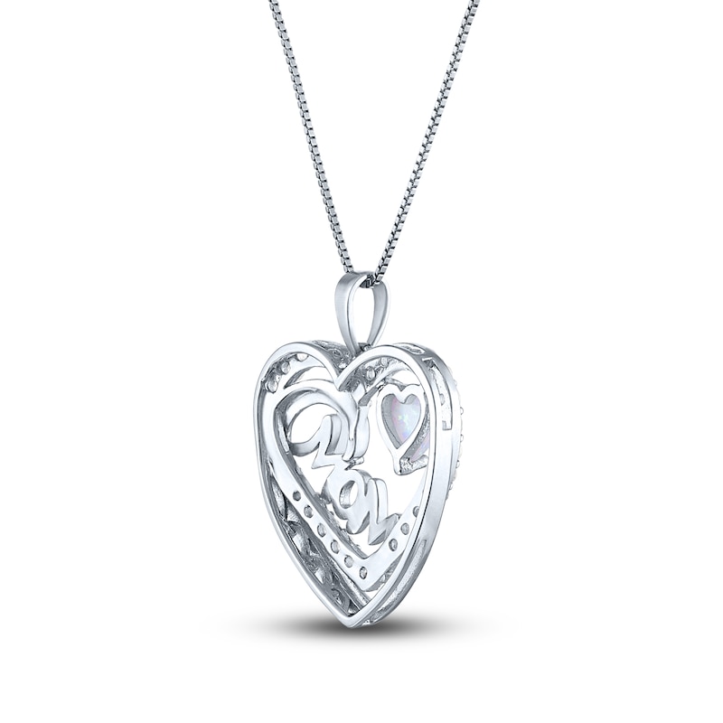 Main Image 3 of Lab-Created Opal & White Lab-Created Sapphire Mom/Heart Necklace Sterling Silver 18"