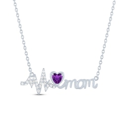 Amethyst & White Lab-Created Sapphire Heartbeat/Mom Necklace Sterling Silver 18"