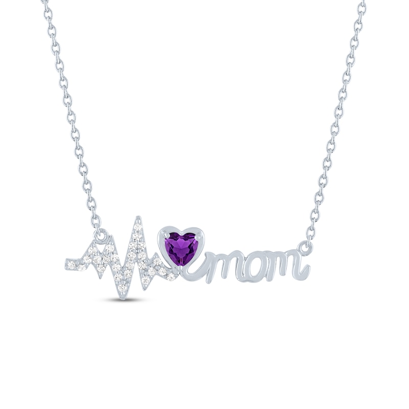 Main Image 1 of Amethyst & White Lab-Created Sapphire Heartbeat/Mom Necklace Sterling Silver 18"