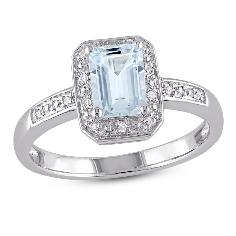 Aquamarine & Diamond Ring 1/20 ct tw Round-Cut Sterling Silver