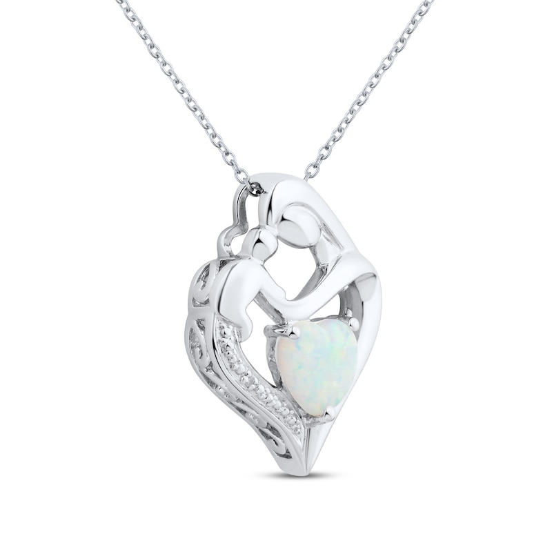 Lab-Created Opal & Diamond Mother/Child Necklace Sterling Silver 18 ...