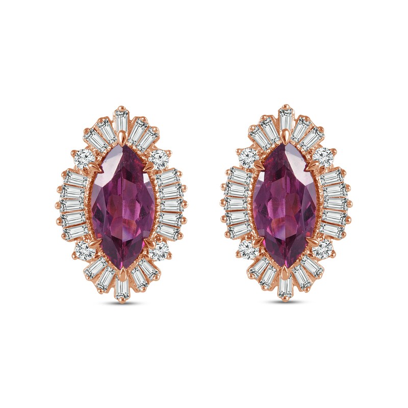 Rhodolite & Diamond Earrings 5/8 ct tw Marquise/Baguette/Round-Cut 14K Rose Gold