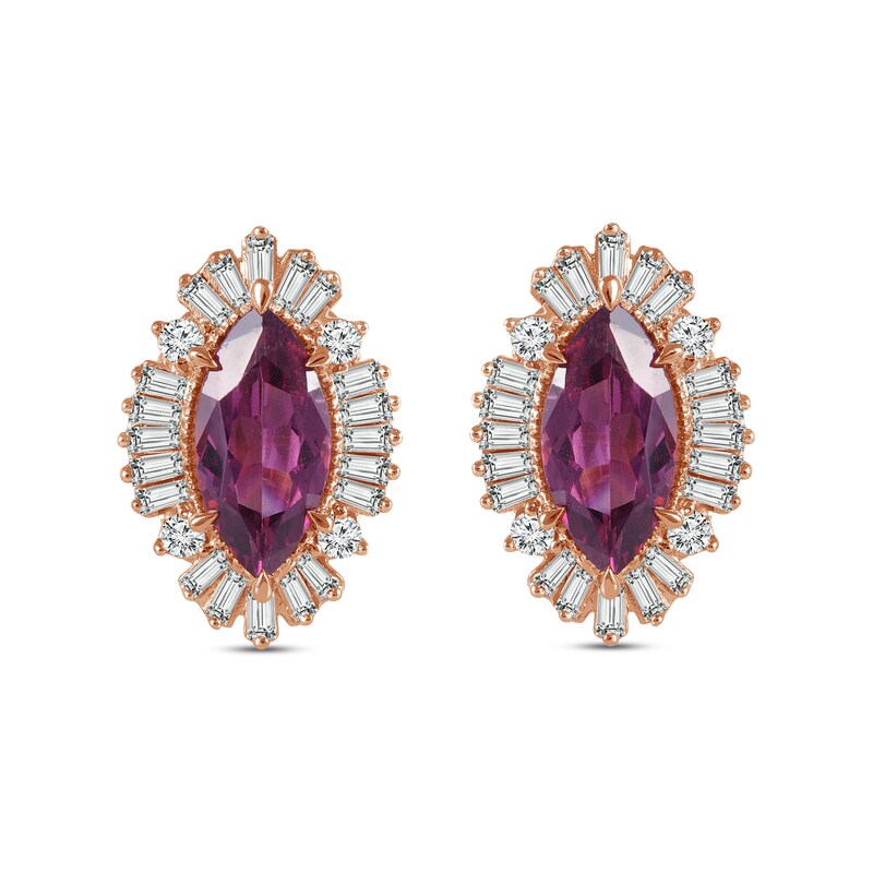 Rhodolite & Diamond Earrings 5/8 ct tw Marquise/Baguette/Round-Cut 14K Rose Gold