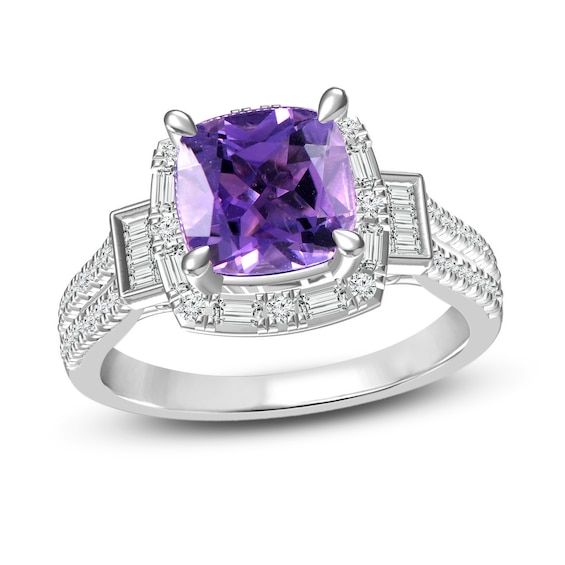 Amethyst & Diamond Ring 5/8 ct tw Cushion, Baguette & Round-Cut 14K White Gold