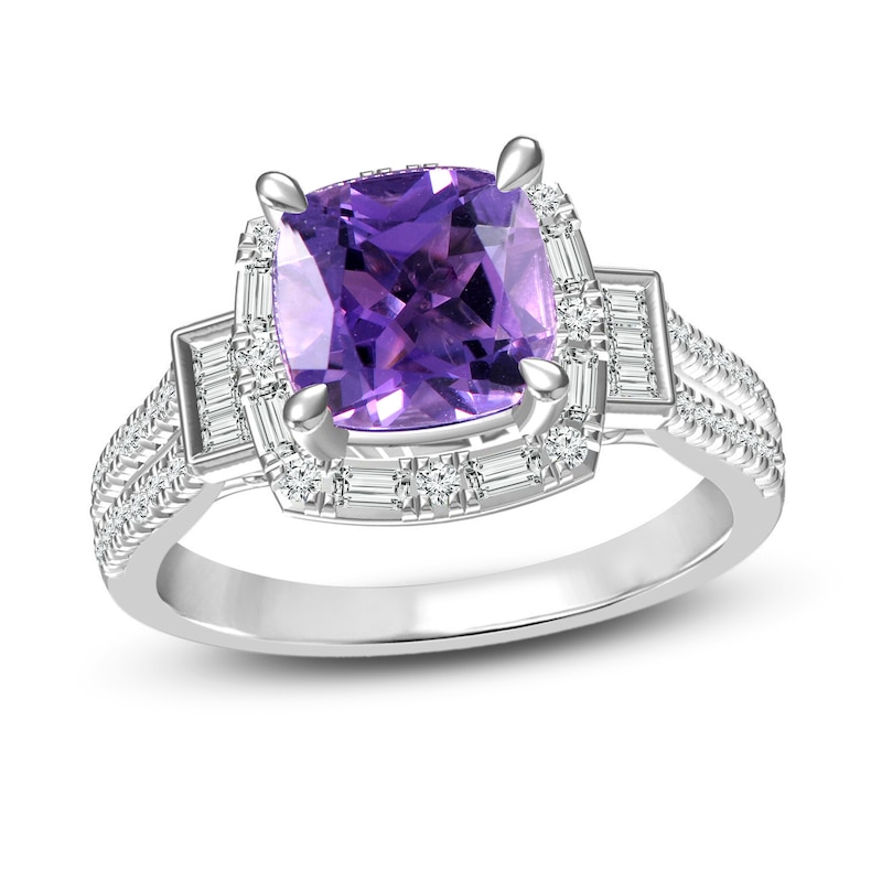 Main Image 1 of Amethyst & Diamond Ring 5/8 ct tw Cushion, Baguette & Round-Cut 14K White Gold