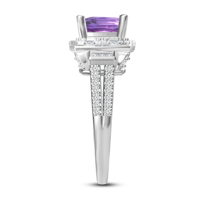 Main Image 2 of Amethyst & Diamond Ring 5/8 ct tw Cushion, Baguette & Round-Cut 14K White Gold