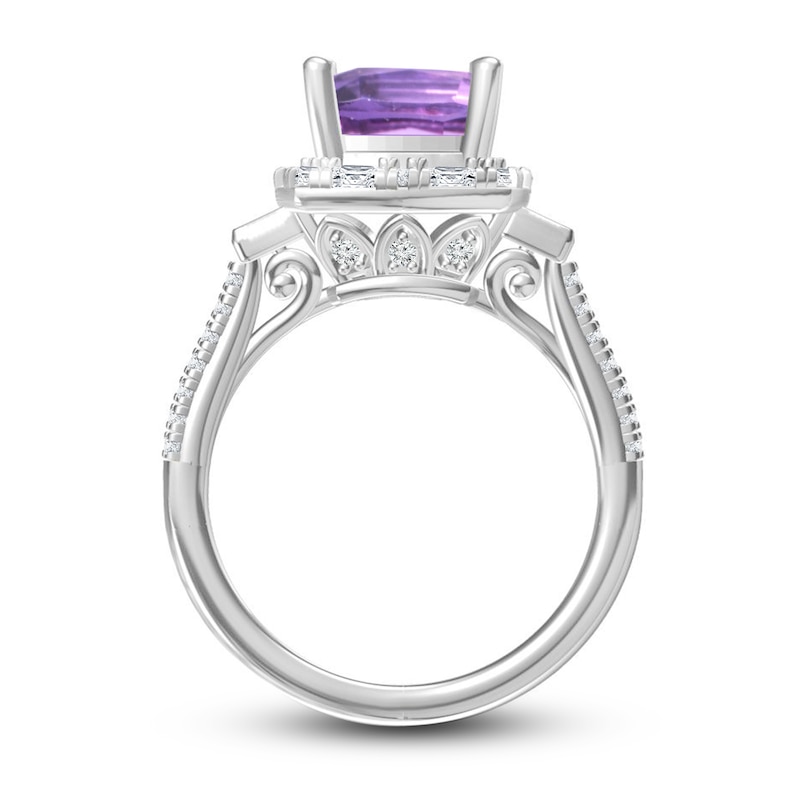 Main Image 3 of Amethyst & Diamond Ring 5/8 ct tw Cushion, Baguette & Round-Cut 14K White Gold