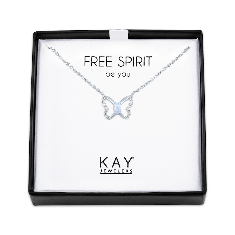 Main Image 1 of Lab-Created Opal & White Lab-Created Sapphire Butterfly Necklace Sterling Silver 18"