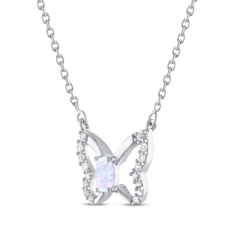 Main Image 2 of Lab-Created Opal & White Lab-Created Sapphire Butterfly Necklace Sterling Silver 18"