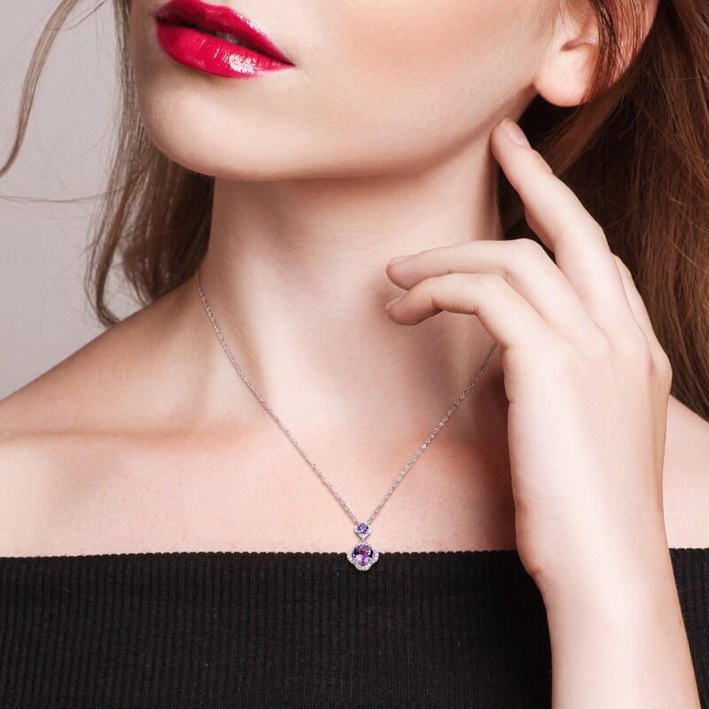 Main Image 2 of Amethyst & Diamond Necklace 1/5 ct tw Round-Cut 14K White Gold 17"