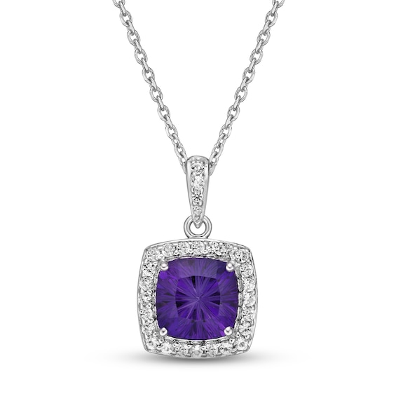 Luminous Cut Amethyst & White Topaz Halo Necklace Sterling Silver 18"