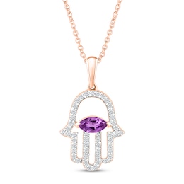 Amethyst & White Lab-Created Sapphire Hamsa Necklace 10K Rose Gold 18"