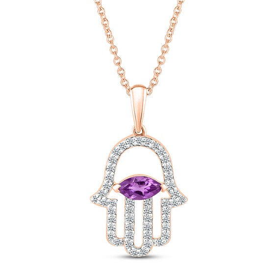 Amethyst & White Lab-Created Sapphire Hamsa Necklace 10K Rose Gold 18"