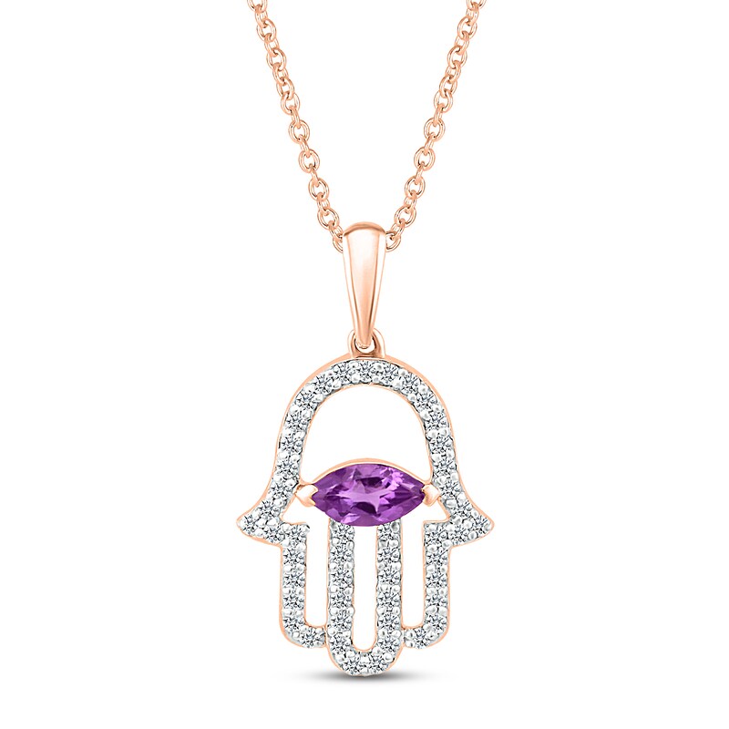Main Image 1 of Amethyst & White Lab-Created Sapphire Hamsa Necklace 10K Rose Gold 18"
