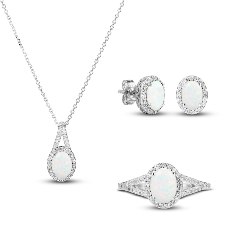 Main Image 1 of Lab-Created Opal & White Lab-Created Sapphire Boxed Set Sterling Silver - Size 7