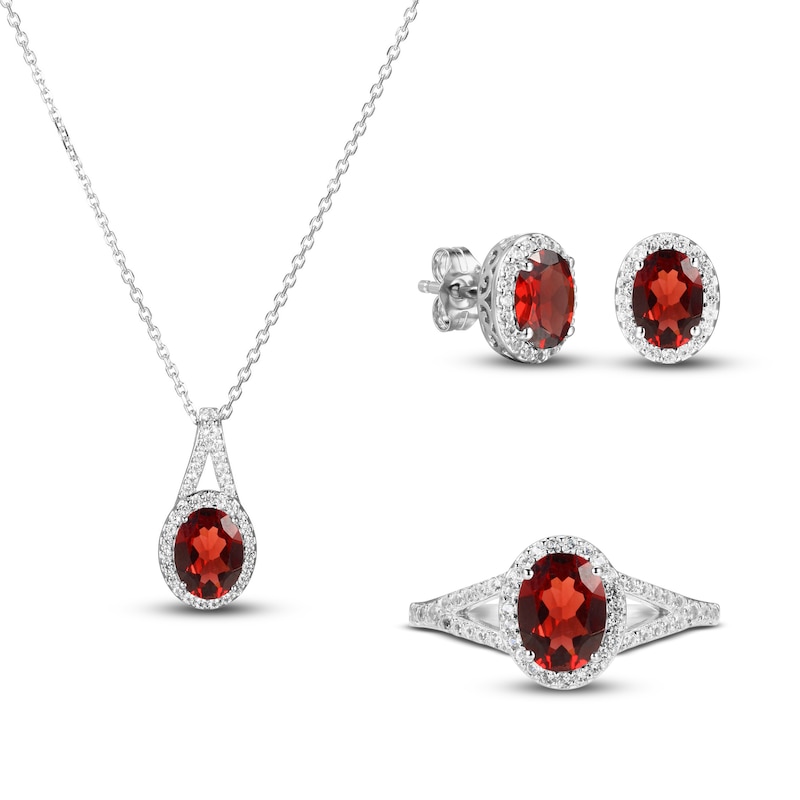 Main Image 1 of Garnet & White Lab-Created Sapphire Boxed Set Sterling Silver - Size 7