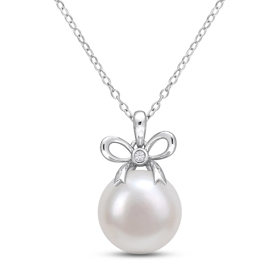 Cultured Pearl & White Lab-Created Sapphire Necklace Sterling Silver 18"