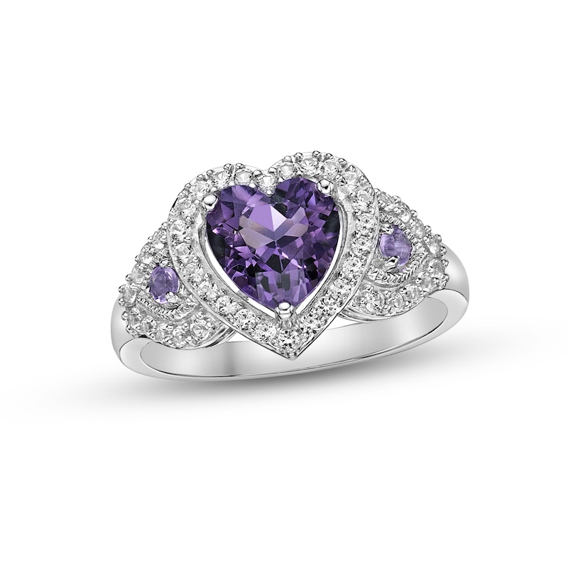 Main Image 1 of Amethyst & White Lab-Created Sapphire Heart Ring Sterling Silver