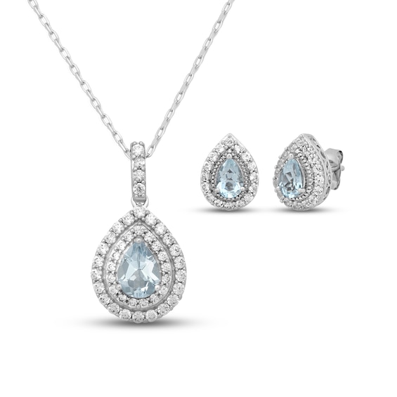 Aquamarine & White Lab-Created Sapphire Boxed Set Sterling Silver