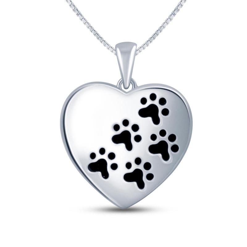 Main Image 1 of Black Onyx Paw Print Heart Necklace Sterling Silver 18"