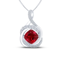 Lab-Created Ruby & Diamond Necklace 1/6 ct tw Round-cut Sterling Silver 18"