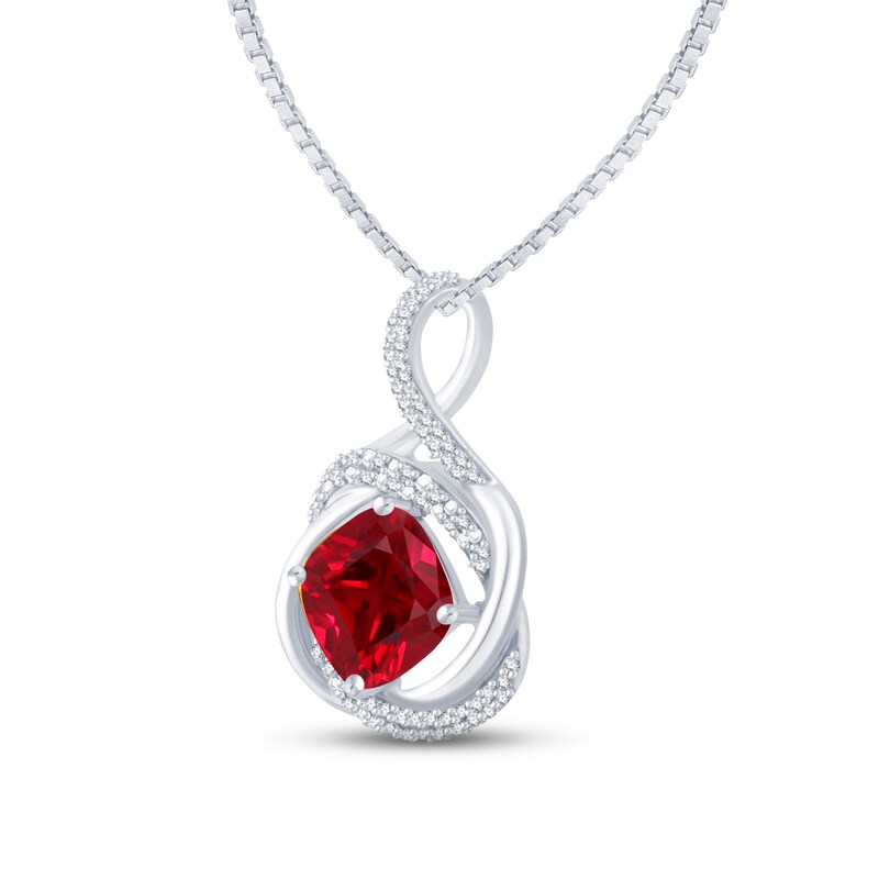 Main Image 2 of Lab-Created Ruby & Diamond Necklace 1/6 ct tw Round-cut Sterling Silver 18"