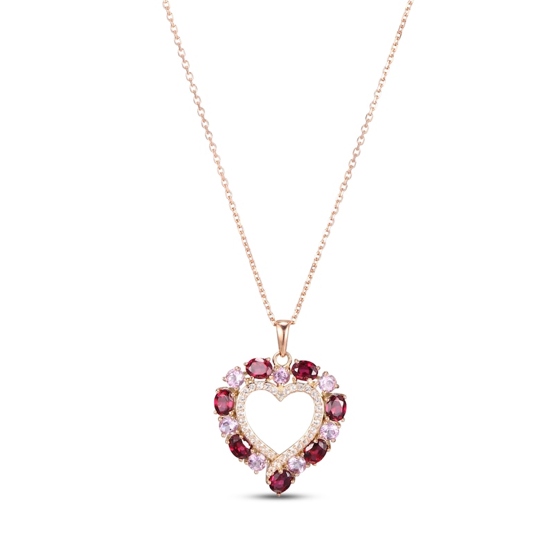 Main Image 1 of Garnet, Light Amethyst & White Topaz Heart Necklace 10K Rose Gold 18"