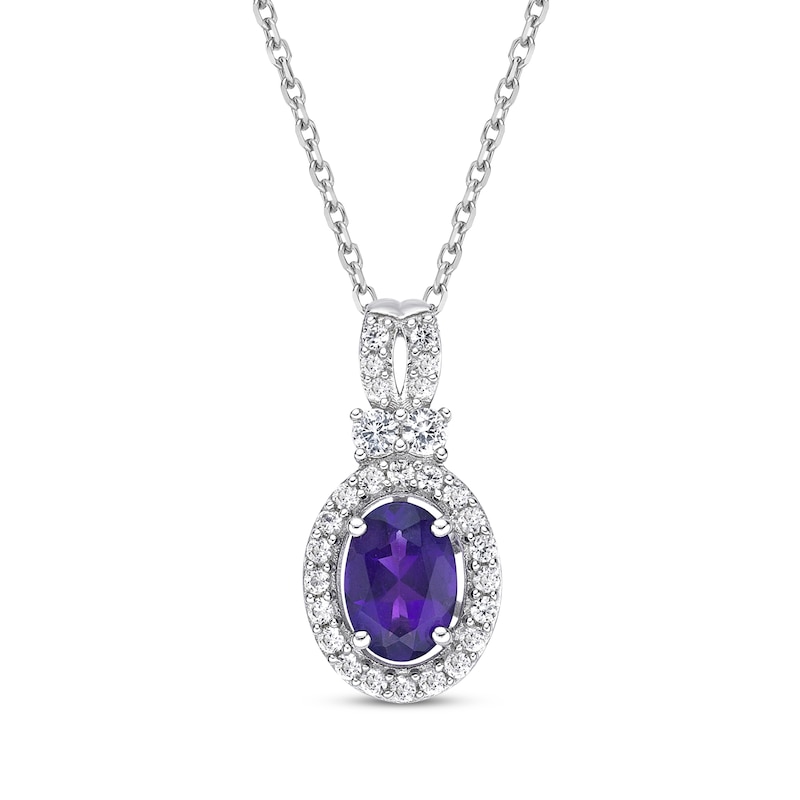 Oval-Cut Amethyst & White Lab-Created Sapphire Halo Necklace Sterling Silver 18"