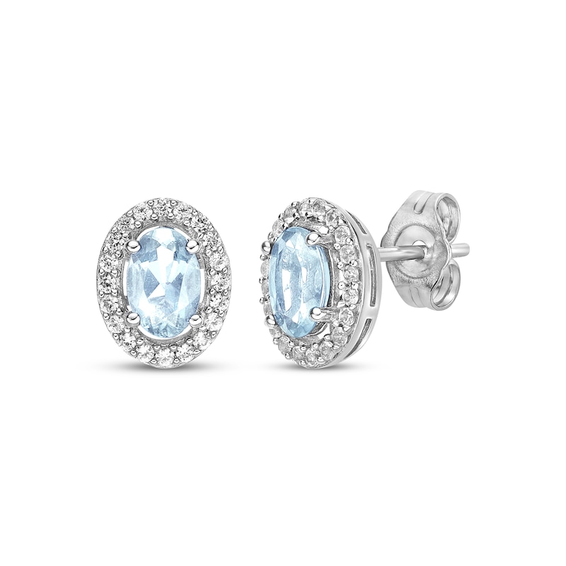 Main Image 1 of Oval-Cut Aquamarine & White Lab-Created Sapphire Halo Stud Earrings Sterling Silver