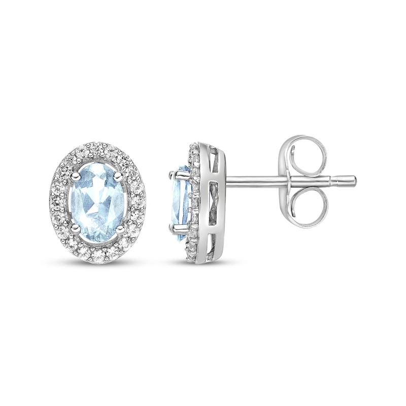 Main Image 3 of Oval-Cut Aquamarine & White Lab-Created Sapphire Halo Stud Earrings Sterling Silver