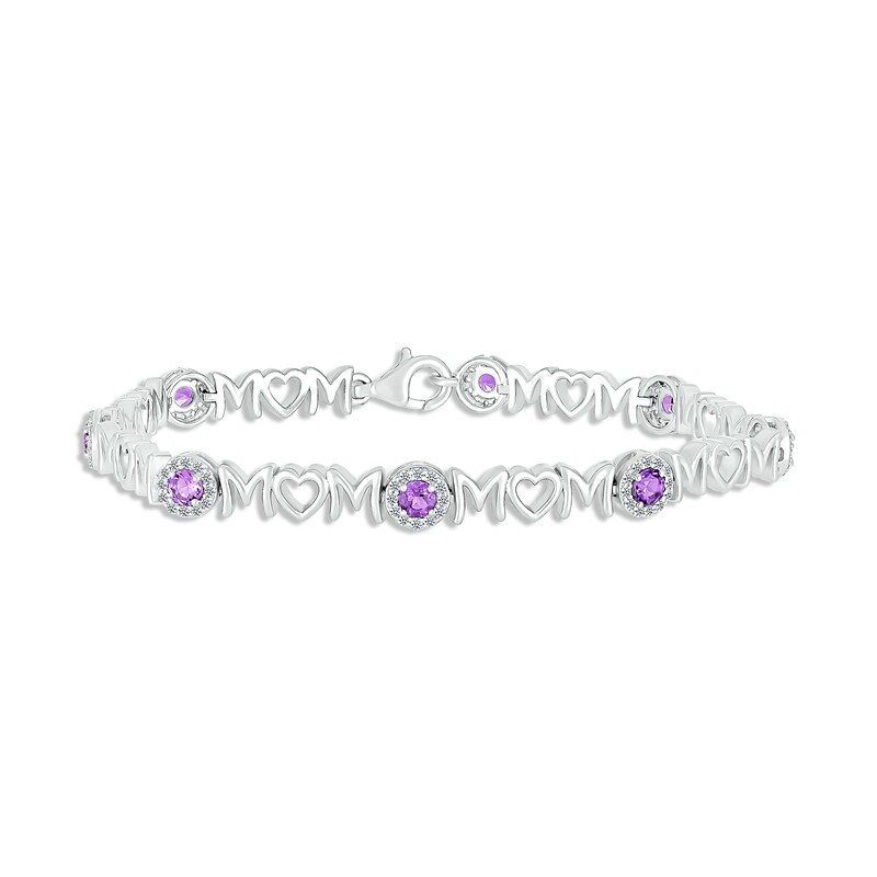 Amethyst & White Lab-Created Sapphire "Mom" Heart Bracelet Sterling Silver 7.25"