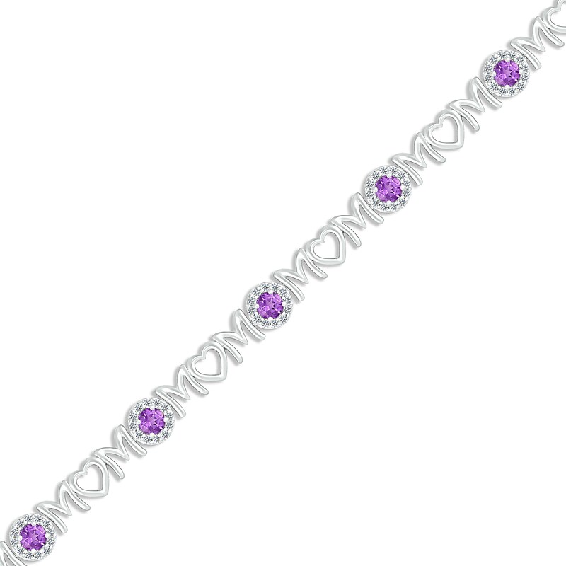Amethyst & White Lab-Created Sapphire "Mom" Heart Bracelet Sterling Silver 7.25"