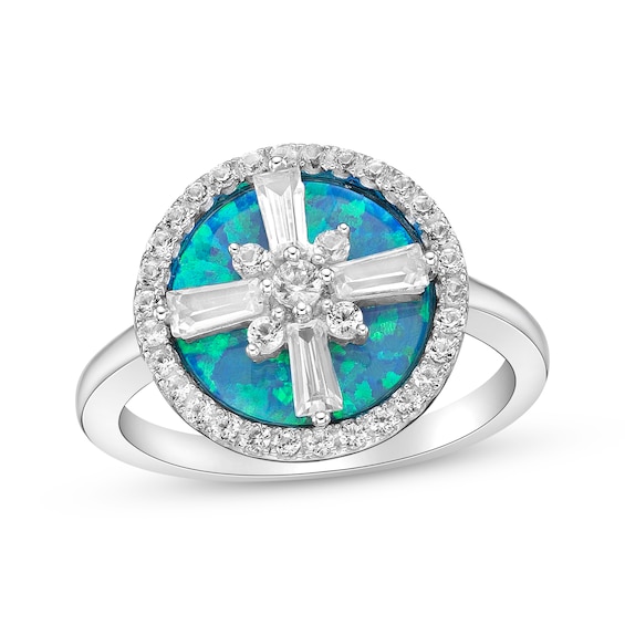 Blue-Green Lab-Created Opal Inlay & White Lab-Created Sapphire Compass Ring Sterling Silver