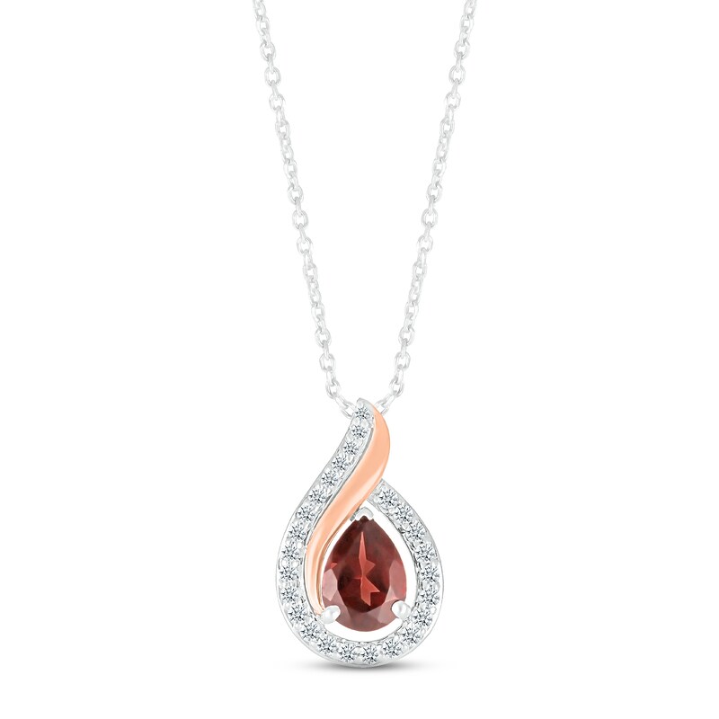 Garnet & White Lab-Created Sapphire Swirl Necklace Sterling Silver & 10K Rose Gold 18"