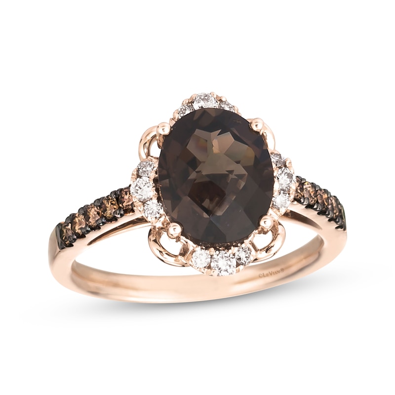 Main Image 1 of Le Vian Oval-Cut Chocolate Quartz Scalloped Frame Ring 3/8 ct tw Diamonds 14K Strawberry Gold