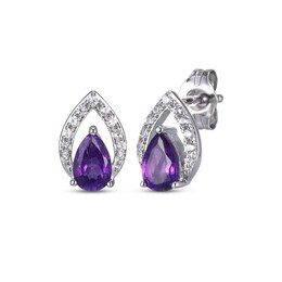 Pear-Shaped Amethyst & White Lab-Created Sapphire Earrings Sterling Silver