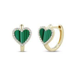 Heart-Shaped Malachite & White Lab-Created Sapphire Hoop Earrings 10K Yellow Gold