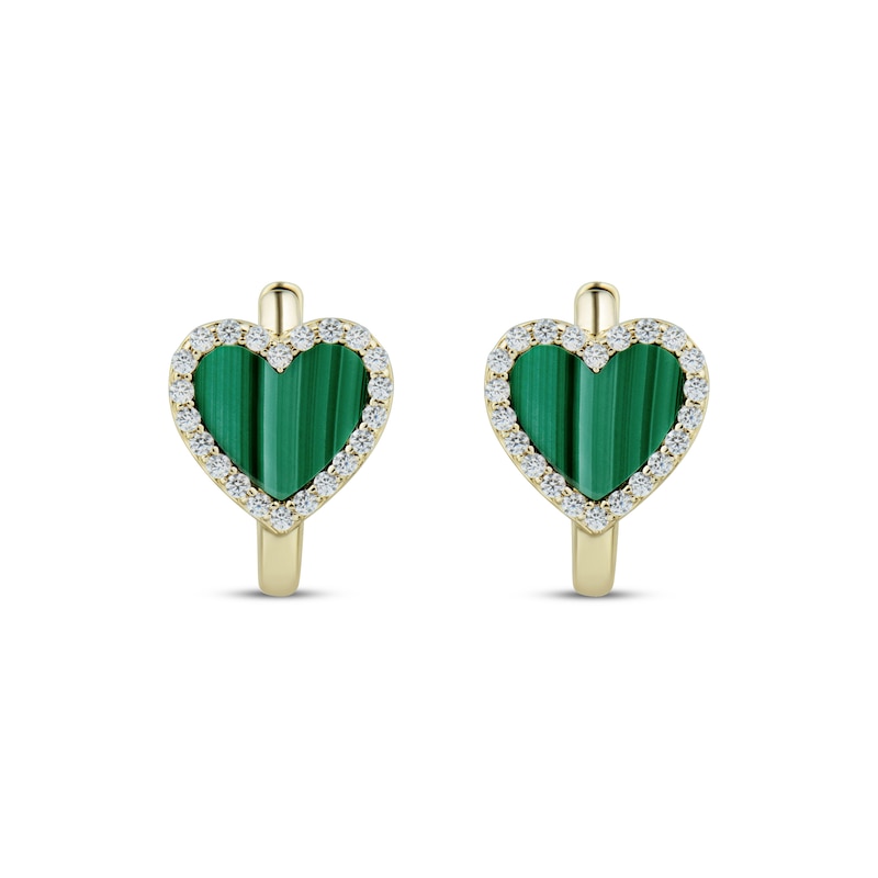 Main Image 2 of Heart-Shaped Malachite & White Lab-Created Sapphire Hoop Earrings 10K Yellow Gold